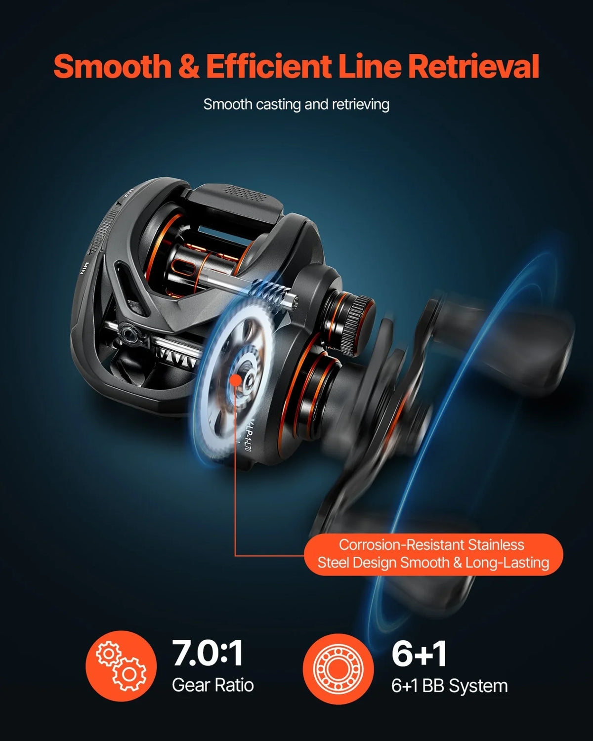 VEVOR Rod and Fishing Reel Combo, IM7 Carbon Fiber Baitcasting Rod and Reel Combo, Bass Fishing Pole with 6+1 BB System, 7.0:1 Gear Ratio, Cork Handle, Stainless Steel Guides with Ceramic Rings - View 5