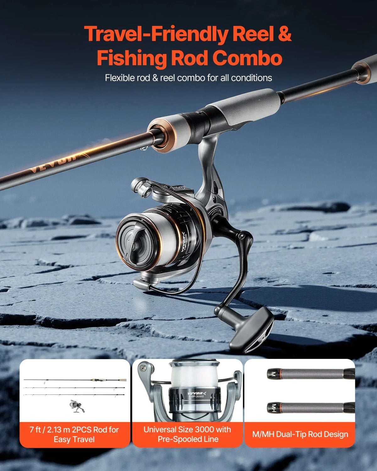VEVOR Rod and Fishing Reel Combo, IM7 Carbon Fiber Spinning Rod and Reel Combo, Bass Fishing Pole with 7 ft Two-Piece Rods, 7+1 Ball Bearings, EVA Handle, Stainless Steel Guides with Ceramic Rings - View 2