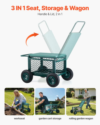 VEVOR Rolling Garden Cart with Seat, Metal Rolling Garden Work Seat with Wheels, Supports up to 400 LBS, Heavy Duty Gardening Cart Scooter, Outdoor Wagon & Stool on Wheels for Lawn, Patio, Backyard - View 5