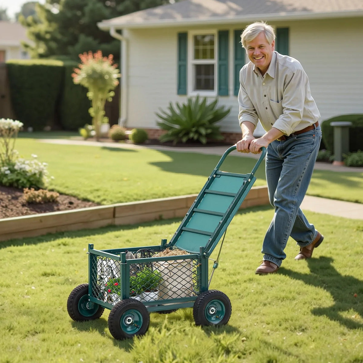VEVOR Rolling Garden Cart with Seat, Metal Rolling Garden Work Seat with Wheels, Supports up to 400 LBS, Heavy Duty Gardening Cart Scooter, Outdoor Wagon & Stool on Wheels for Lawn, Patio, Backyard - View 7