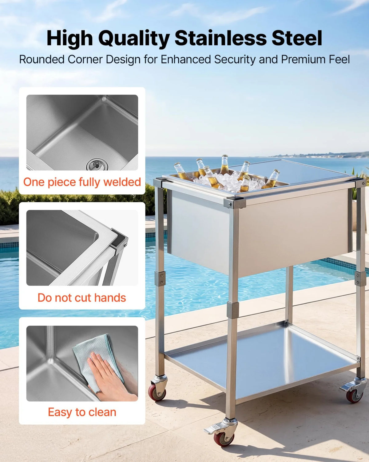 VEVOR Rolling Ice Chest Cooler Cart Stainless Steel Cooling Bin 44.8 Quart, Outdoor Stand Up Cooler Trolley with Wheels, Sliding Lid, Shelf, for Patio Backyard Party Bar Cold Drinks, 26x19.9x38.8 in - View 3