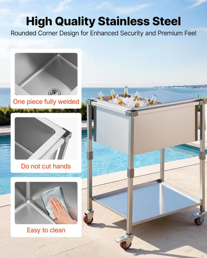 VEVOR Rolling Ice Chest Cooler Cart Stainless Steel Cooling Bin 44.8 Quart, Outdoor Stand Up Cooler Trolley with Wheels, Sliding Lid, Shelf, for Patio Backyard Party Bar Cold Drinks, 26x19.9x38.8 in - View 3