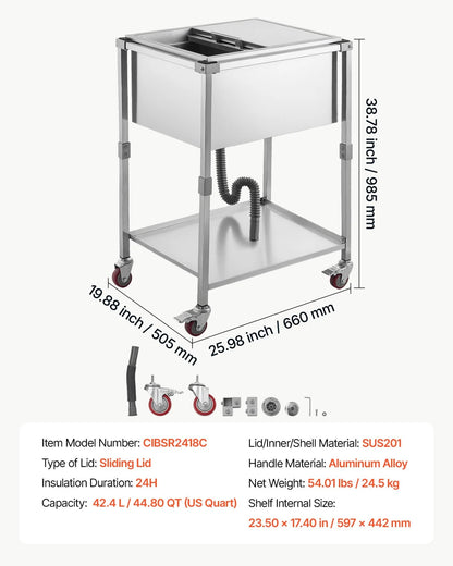 VEVOR Rolling Ice Chest Cooler Cart Stainless Steel Cooling Bin 44.8 Quart, Outdoor Stand Up Cooler Trolley with Wheels, Sliding Lid, Shelf, for Patio Backyard Party Bar Cold Drinks, 26x19.9x38.8 in - View 6