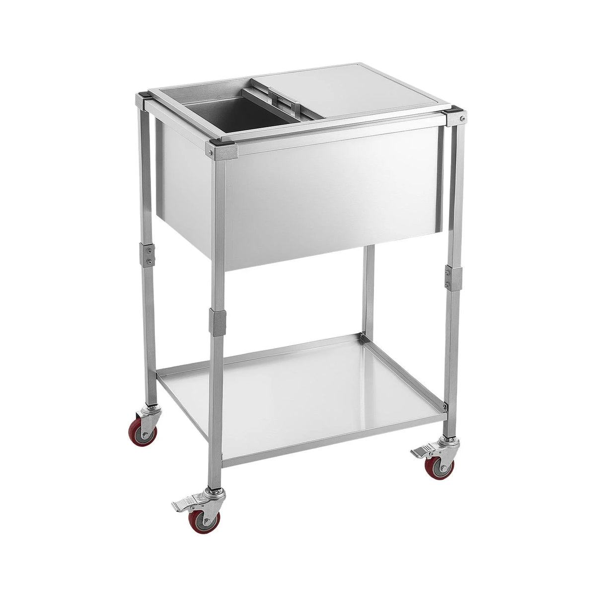 VEVOR Rolling Ice Chest Cooler Cart Stainless Steel Cooling Bin 44.8 Quart, Outdoor Stand Up Cooler Trolley with Wheels, Sliding Lid, Shelf, for Patio Backyard Party Bar Cold Drinks, 26x19.9x38.8 in - View 9