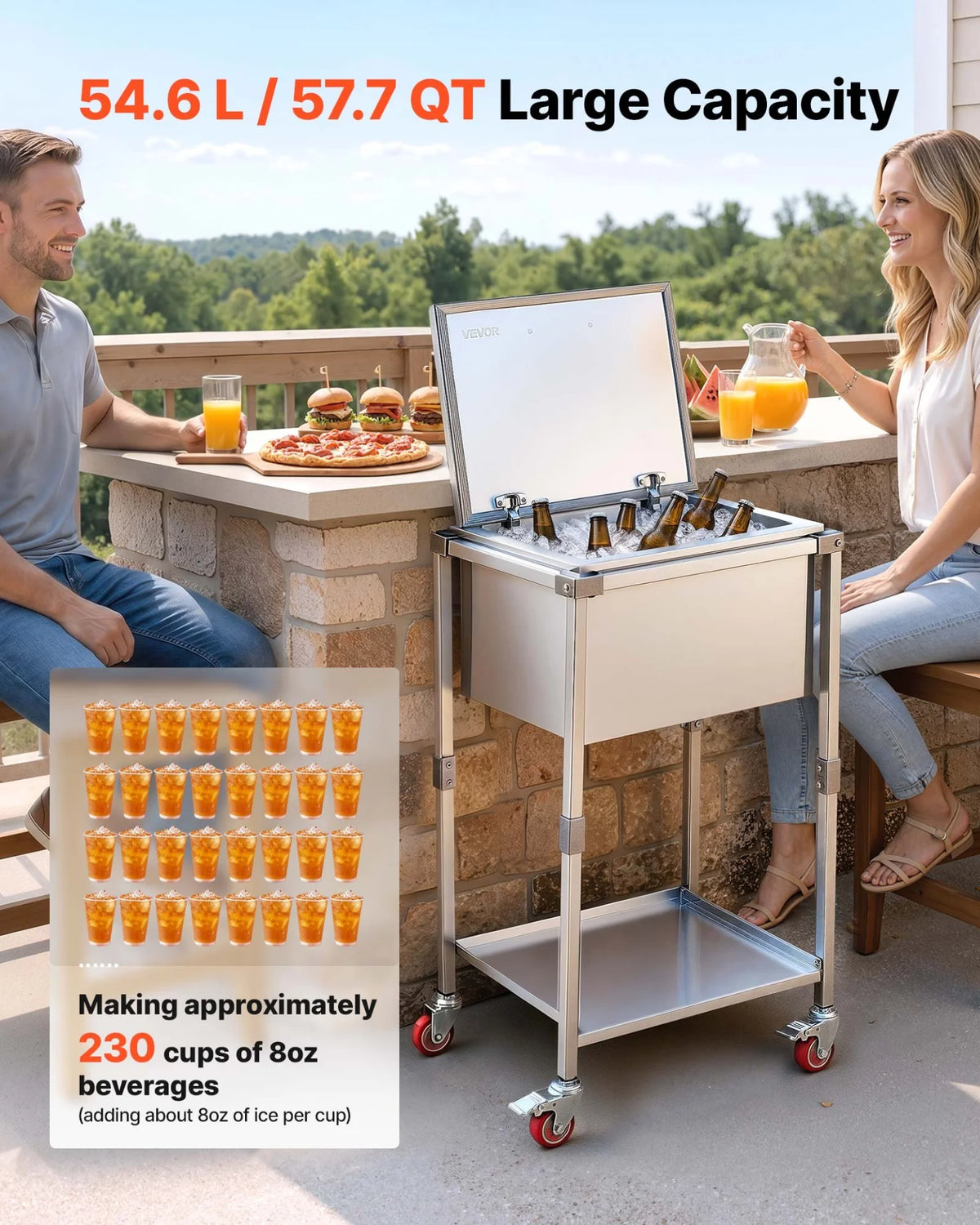 VEVOR Rolling Ice Chest Cooler Cart Stainless Steel Cooling Bin 57.7 Quart, Outdoor Stand Up Cooler Trolley with Wheels, Flip Lid, and Shelf, for Patio Backyard Party Bar Cold Drinks, 22x17.9x39.5 in