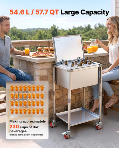 VEVOR Rolling Ice Chest Cooler Cart Stainless Steel Cooling Bin 57.7 Quart, Outdoor Stand Up Cooler Trolley with Wheels, Flip Lid, and Shelf, for Patio Backyard Party Bar Cold Drinks, 22x17.9x39.5 in