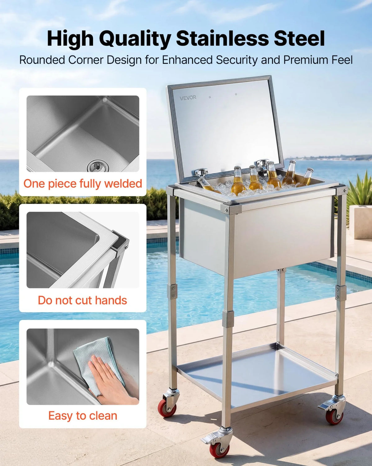 VEVOR Rolling Ice Chest Cooler Cart Stainless Steel Cooling Bin 57.7 Quart, Outdoor Stand Up Cooler Trolley with Wheels, Flip Lid, and Shelf, for Patio Backyard Party Bar Cold Drinks, 22x17.9x39.5 in - View 3