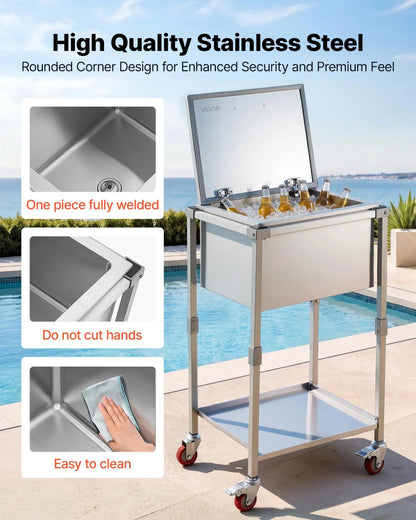 VEVOR Rolling Ice Chest Cooler Cart Stainless Steel Cooling Bin 57.7 Quart, Outdoor Stand Up Cooler Trolley with Wheels, Flip Lid, and Shelf, for Patio Backyard Party Bar Cold Drinks, 22x17.9x39.5 in - View 3