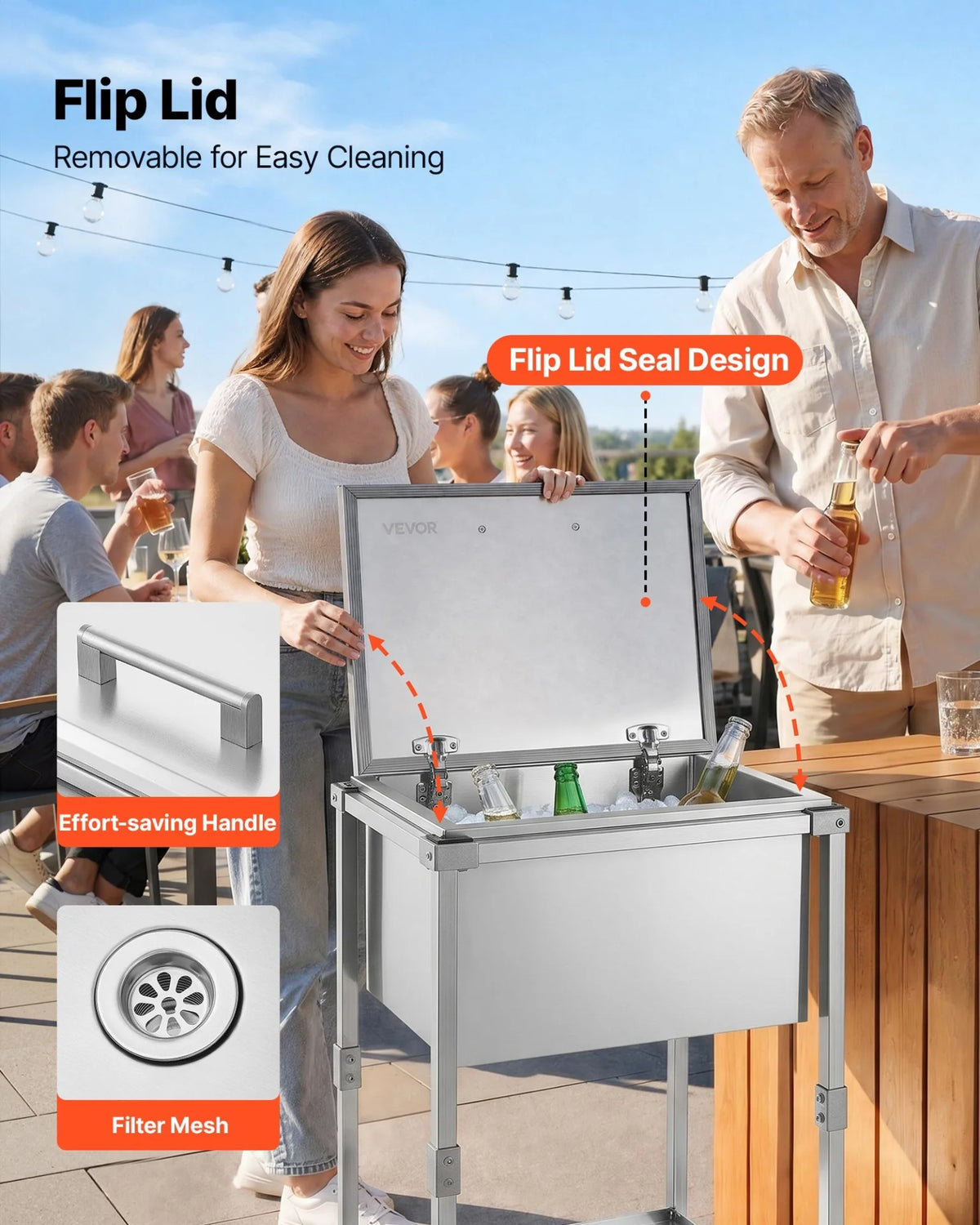 VEVOR Rolling Ice Chest Cooler Cart Stainless Steel Cooling Bin 57.7 Quart, Outdoor Stand Up Cooler Trolley with Wheels, Flip Lid, and Shelf, for Patio Backyard Party Bar Cold Drinks, 22x17.9x39.5 in - View 5