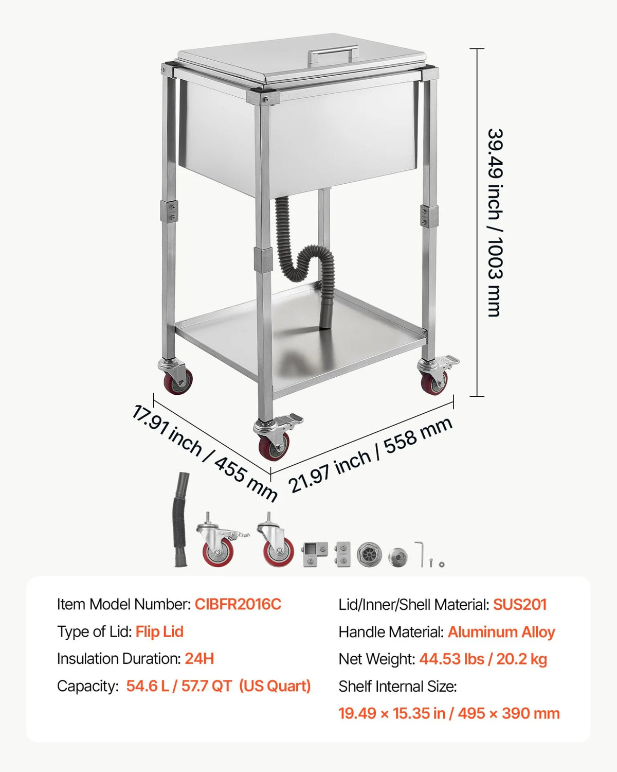 VEVOR Rolling Ice Chest Cooler Cart Stainless Steel Cooling Bin 57.7 Quart, Outdoor Stand Up Cooler Trolley with Wheels, Flip Lid, and Shelf, for Patio Backyard Party Bar Cold Drinks, 22x17.9x39.5 in - View 6