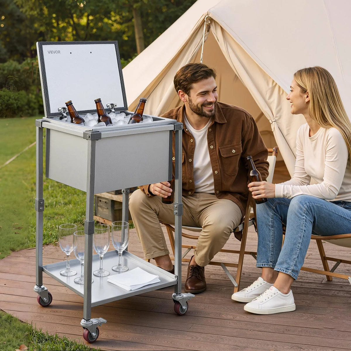 VEVOR Rolling Ice Chest Cooler Cart Stainless Steel Cooling Bin 57.7 Quart, Outdoor Stand Up Cooler Trolley with Wheels, Flip Lid, and Shelf, for Patio Backyard Party Bar Cold Drinks, 22x17.9x39.5 in - View 7