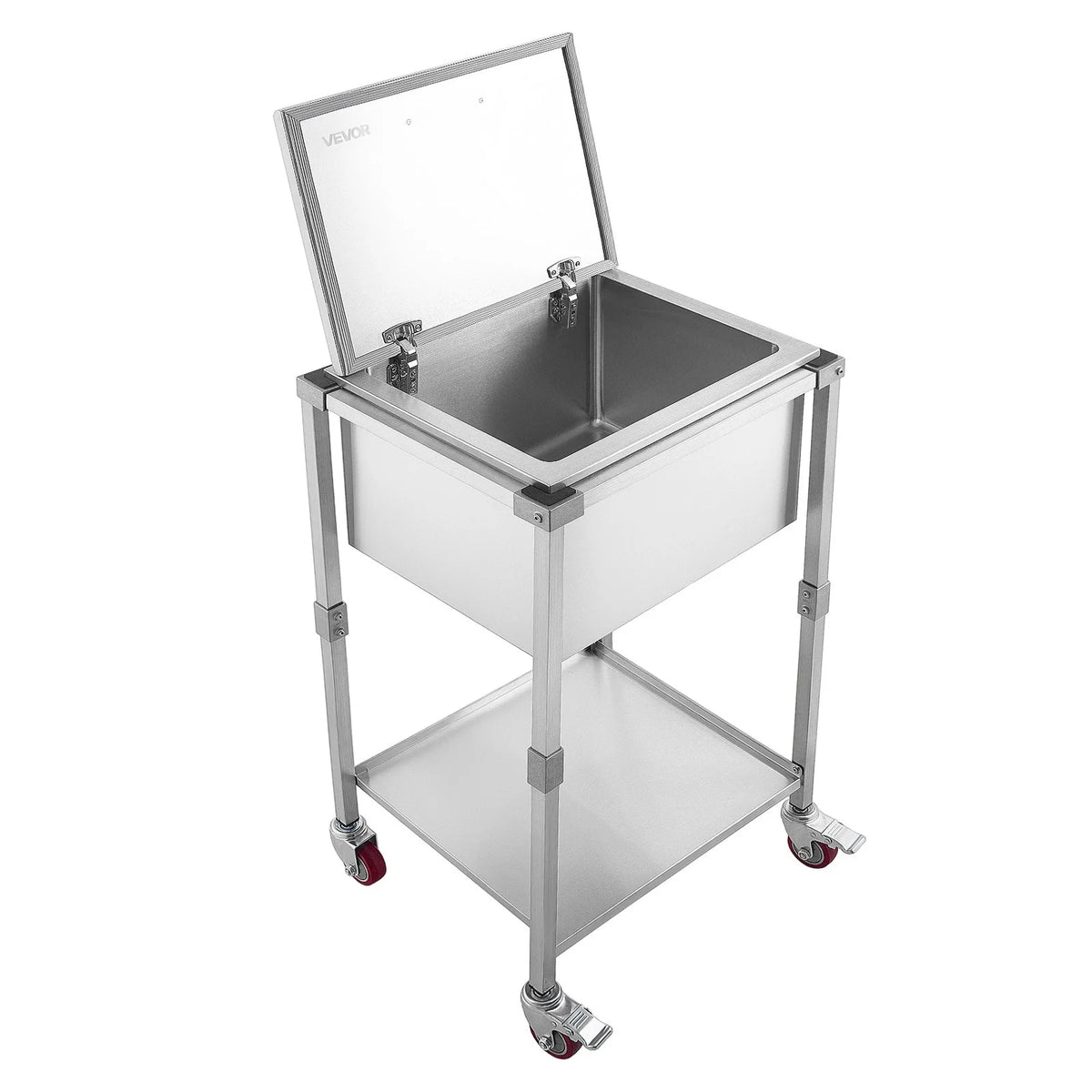 VEVOR Rolling Ice Chest Cooler Cart Stainless Steel Cooling Bin 57.7 Quart, Outdoor Stand Up Cooler Trolley with Wheels, Flip Lid, and Shelf, for Patio Backyard Party Bar Cold Drinks, 22x17.9x39.5 in - View 8
