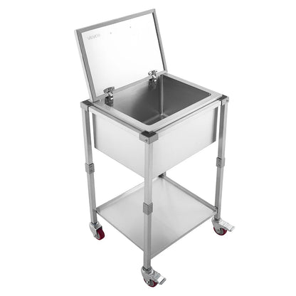 VEVOR Rolling Ice Chest Cooler Cart Stainless Steel Cooling Bin 57.7 Quart, Outdoor Stand Up Cooler Trolley with Wheels, Flip Lid, and Shelf, for Patio Backyard Party Bar Cold Drinks, 22x17.9x39.5 in - View 8