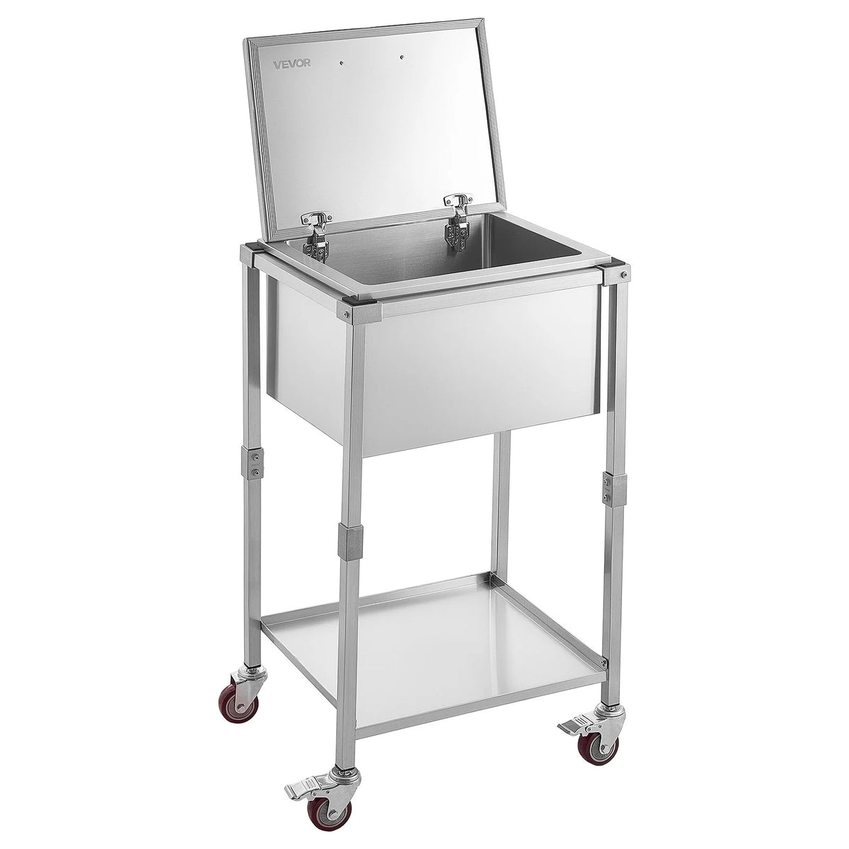 VEVOR Rolling Ice Chest Cooler Cart Stainless Steel Cooling Bin 57.7 Quart, Outdoor Stand Up Cooler Trolley with Wheels, Flip Lid, and Shelf, for Patio Backyard Party Bar Cold Drinks, 22x17.9x39.5 in - View 9