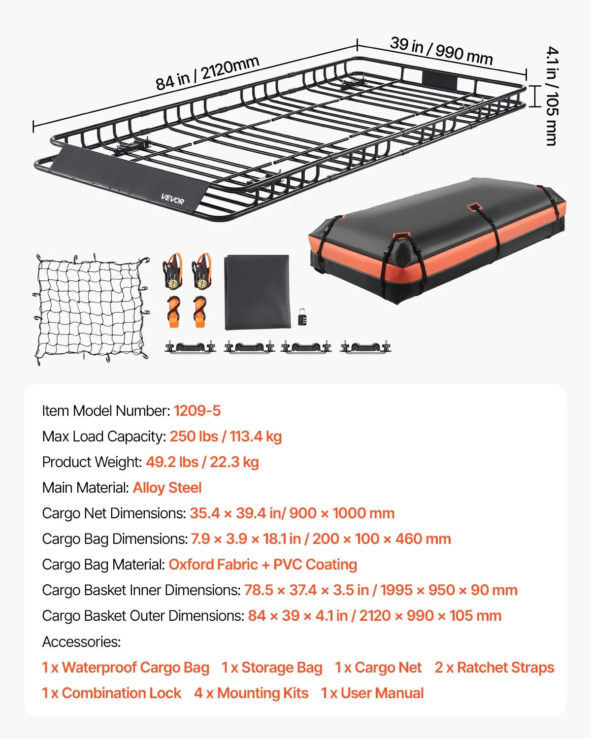 VEVOR Roof Rack Basket, 84 x 39 x 4.1 in, Universal Rooftop Cargo Carrier with 7.9 x 3.9 x 10.2 in Cargo Bag, Net, Ratchet Straps, 250 lbs Max Load Capacity Car Top Luggage Holder, for SUV Truck Car - View 6