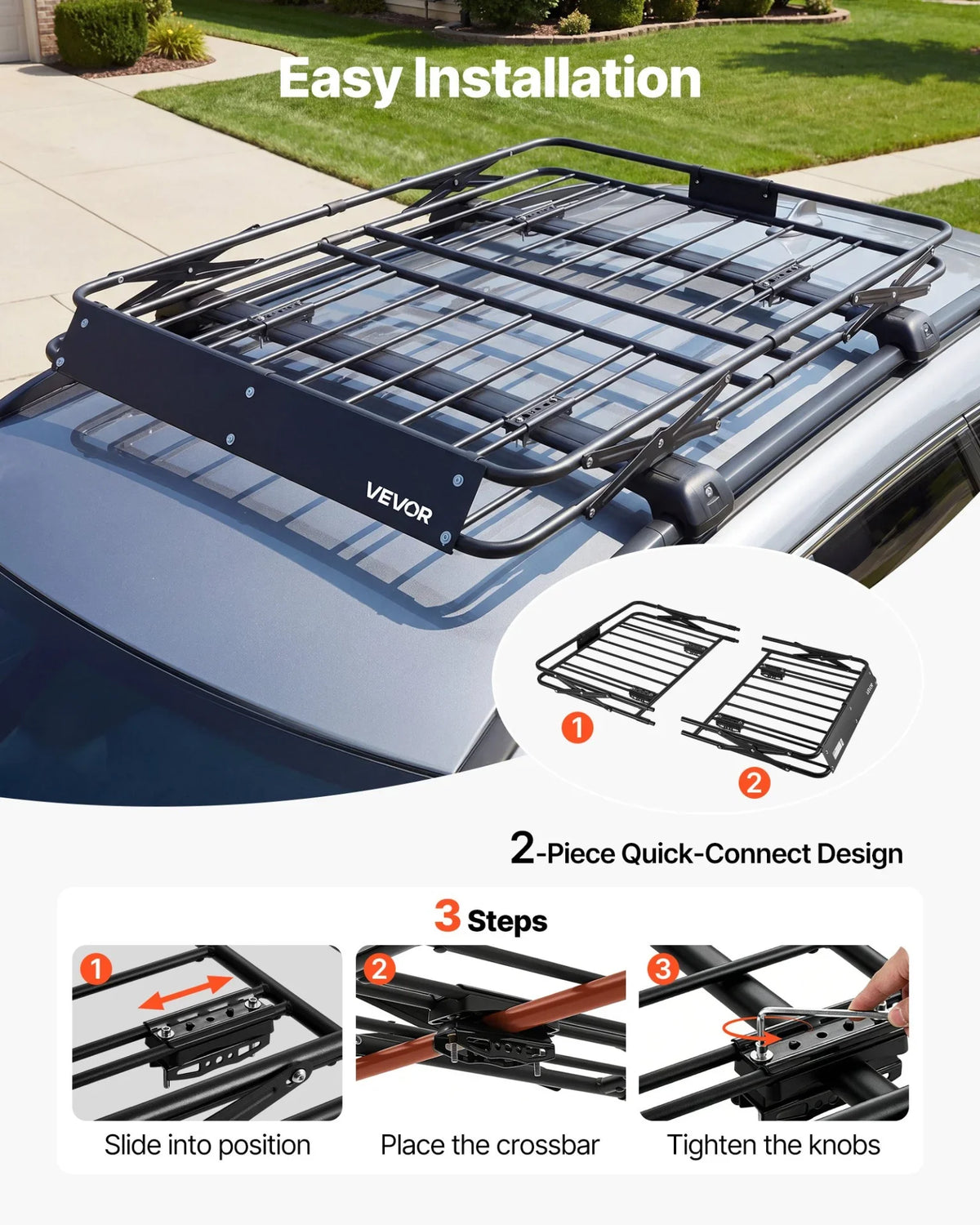 VEVOR Roof Rack Cargo Basket, 51 x 36 x 4 in, Heavy Duty Roof Top Carrier Basket with Folding Design, 200 lbs Capacity, All-Weather Easy-Install Car Top Luggage Holder, Universal Fit for SUV Truck Car - View 5