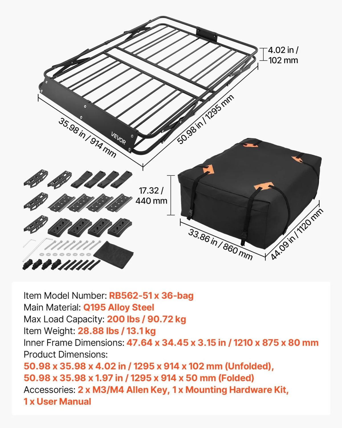 VEVOR Roof Rack Cargo Basket, 51 x 36 x 4 in, Heavy Duty Roof Top Carrier Basket with Folding Design, 200 lbs Capacity, All-Weather Easy-Install Car Top Luggage Holder, Universal Fit for SUV Truck Car - View 6