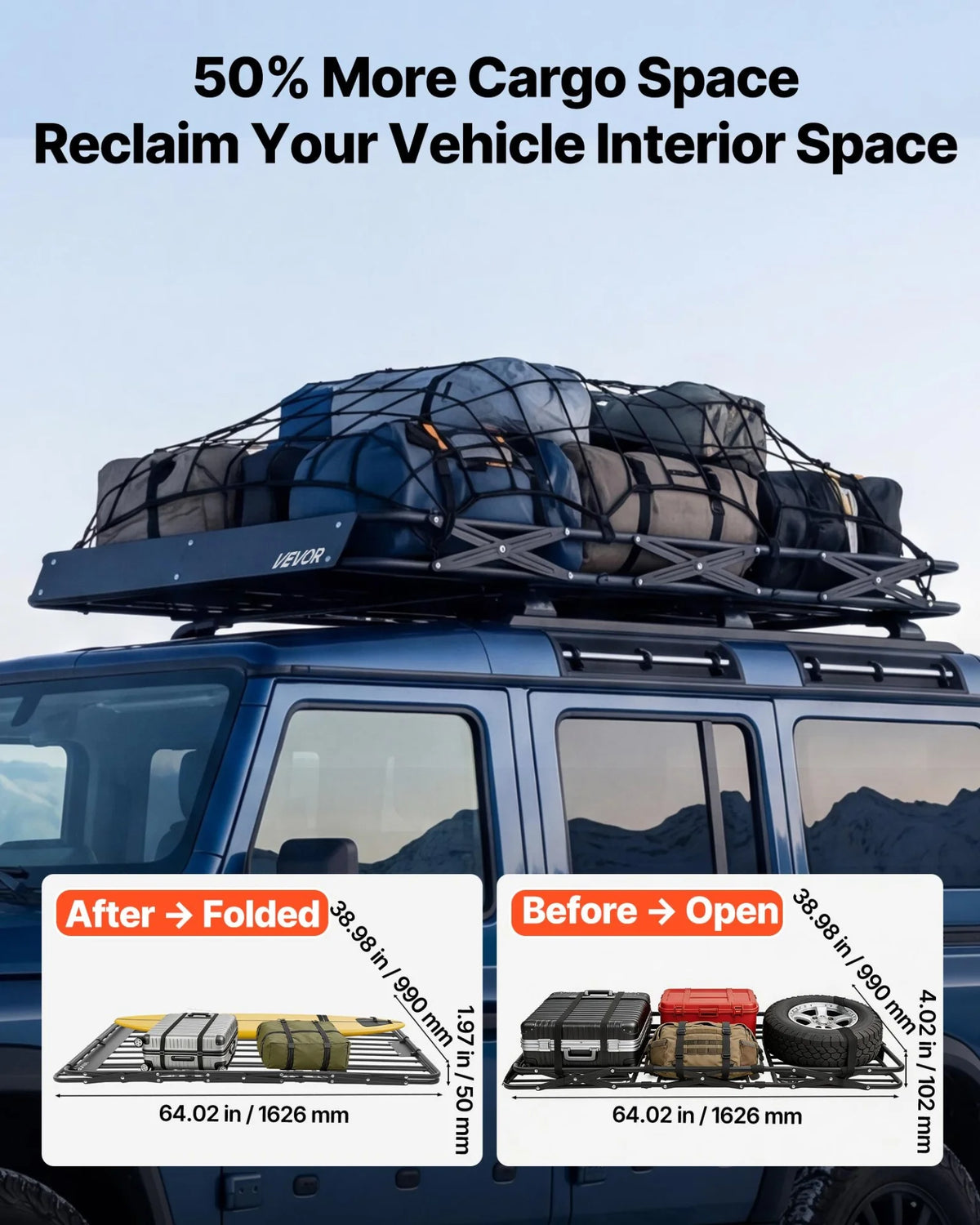 VEVOR Roof Rack Cargo Basket, 64 x 39 x 4 in, Heavy Duty Roof Top Carrier Basket with Folding Design, 200 lbs Capacity, All-Weather Easy-Install Car Top Luggage Holder, Universal Fit for SUV Truck Car