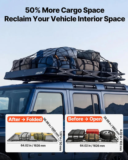 VEVOR Roof Rack Cargo Basket, 64 x 39 x 4 in, Heavy Duty Roof Top Carrier Basket with Folding Design, 200 lbs Capacity, All-Weather Easy-Install Car Top Luggage Holder, Universal Fit for SUV Truck Car