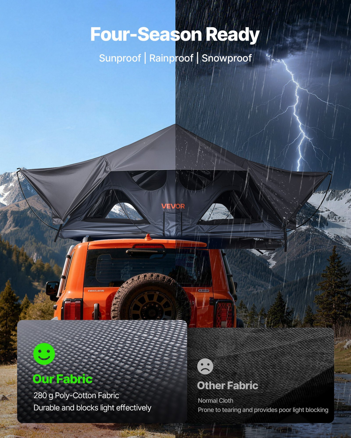 VEVOR Rooftop Tent, 2-3 Person Foldable Aluminum Roof Top Tent with Tri-Color LED Light, Thick Mattress & 10 Windows, Waterproof Windproof Overland Camping Car Roof Rack Suitable for Jeep SUV Pickup - View 3