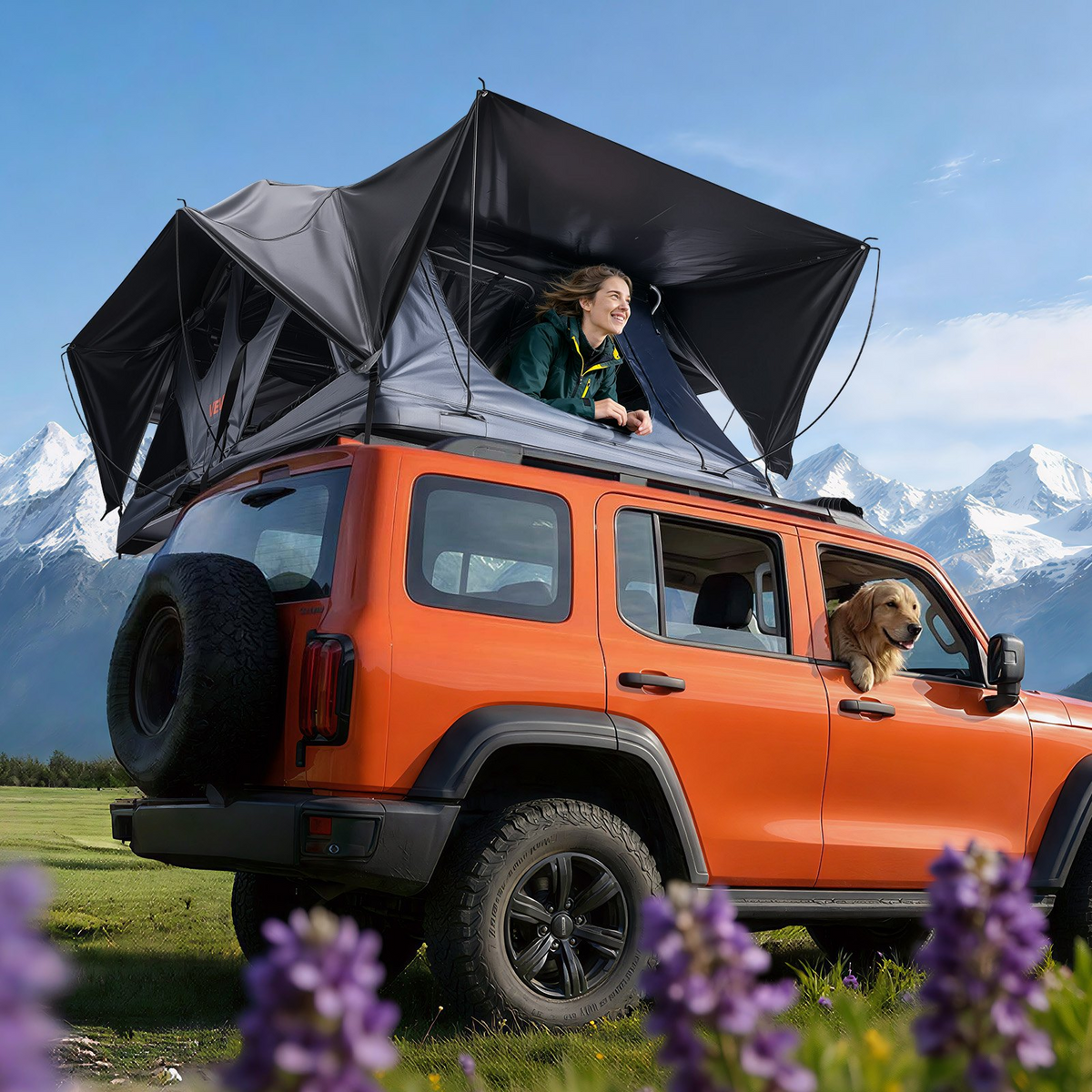 VEVOR Rooftop Tent, 2-3 Person Foldable Aluminum Roof Top Tent with Tri-Color LED Light, Thick Mattress & 10 Windows, Waterproof Windproof Overland Camping Car Roof Rack Suitable for Jeep SUV Pickup - View 7