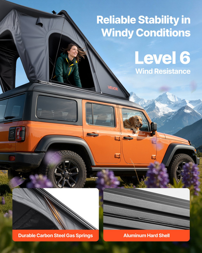 VEVOR Rooftop Tent Hard Shell, 2-3 Person Aluminum Roof Top Tent Hardshell with Tri-Color LED Light, Thick Mattress & 1 Window, Waterproof Windproof Overland Camping Car Roof Rack for Jeep SUV Pickup - View 2