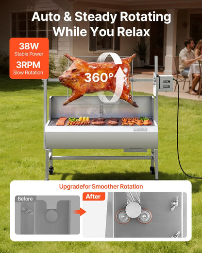 VEVOR Rotisserie Grill, 38W BBQ Outdoor Pig & Lamb Spit Roaster, Charcoal Spit Roaster with 132 LBS Load Capacity & 7-Level Height, Stainless Steel Electric Rotisserie Grill Kit for Camping Outdoor
