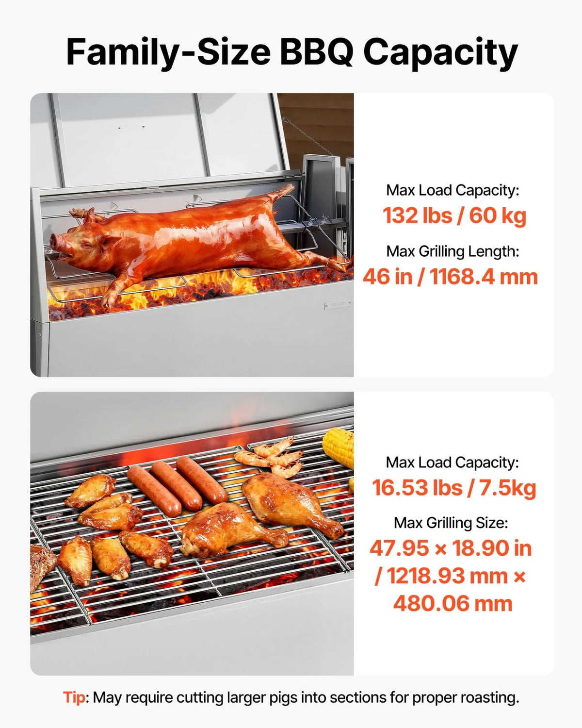 VEVOR Rotisserie Grill, 38W BBQ Outdoor Pig & Lamb Spit Roaster, Charcoal Spit Roaster with 132 LBS Capacity, Wheels & 4-Level Height, Stainless Steel Rotisserie Grill Kit for Camping Outdoor Parties - View 2