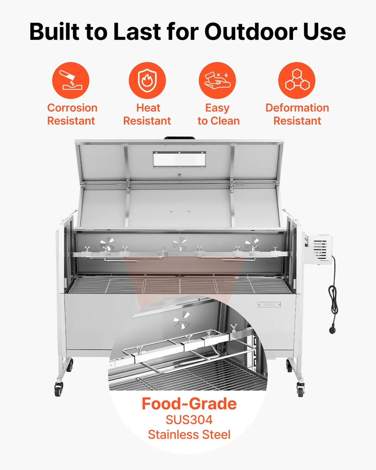 VEVOR Rotisserie Grill, 38W BBQ Outdoor Pig & Lamb Spit Roaster, Charcoal Spit Roaster with 132 LBS Capacity, Wheels & 4-Level Height, Stainless Steel Rotisserie Grill Kit for Camping Outdoor Parties - View 5