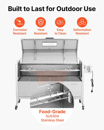 VEVOR Rotisserie Grill, 38W BBQ Outdoor Pig & Lamb Spit Roaster, Charcoal Spit Roaster with 132 LBS Capacity, Wheels & 4-Level Height, Stainless Steel Rotisserie Grill Kit for Camping Outdoor Parties - View 5