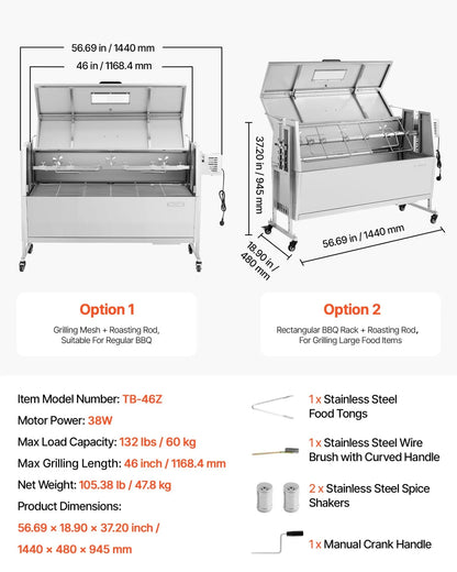 VEVOR Rotisserie Grill, 38W BBQ Outdoor Pig & Lamb Spit Roaster, Charcoal Spit Roaster with 132 LBS Capacity, Wheels & 4-Level Height, Stainless Steel Rotisserie Grill Kit for Camping Outdoor Parties - View 6