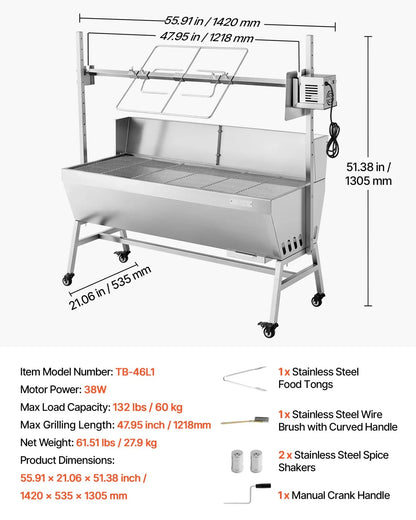 VEVOR Rotisserie Grill, 38W BBQ Outdoor Pig & Lamb Spit Roaster, Charcoal Spit Roaster with 132 LBS Capacity, Wheels & 4-Level Height, Stainless Steel Electric Rotisserie Grill Kit for Camping Outdoor - View 6