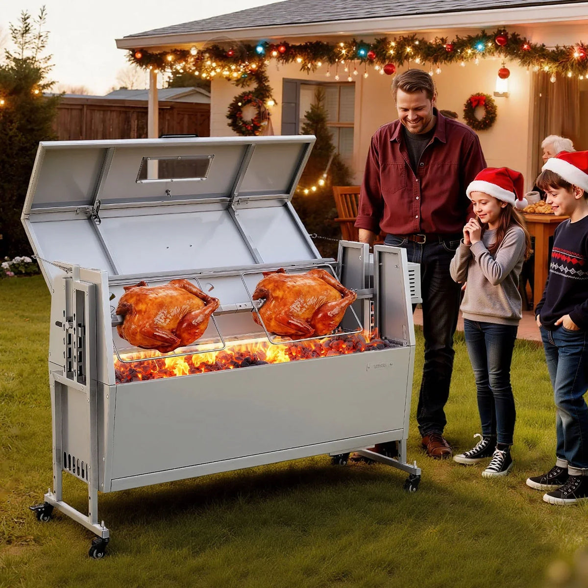 VEVOR Rotisserie Grill, 38W BBQ Outdoor Pig & Lamb Spit Roaster, Charcoal Spit Roaster with 132 LBS Capacity, Wheels & 4-Level Height, Stainless Steel Rotisserie Grill Kit for Camping Outdoor Parties - View 7