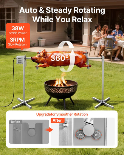 VEVOR Rotisserie Grill, AC120V 8 Level Height Electric Rotisserie Grill Kit, BBQ Grills Rotisseries Kit with 132 lbs Load Capacity, 38W Motor, Stainless Steel Automatic Grilling Kits for Parties