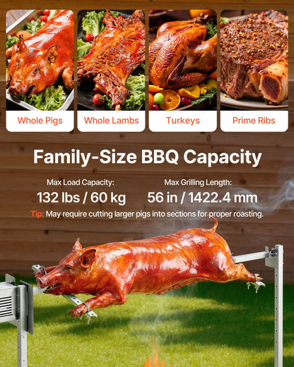 VEVOR Rotisserie Grill, AC120V 8 Level Height Electric Rotisserie Grill Kit, BBQ Grills Rotisseries Kit with 132 lbs Load Capacity, 38W Motor, Stainless Steel Automatic Grilling Kits for Parties - View 2