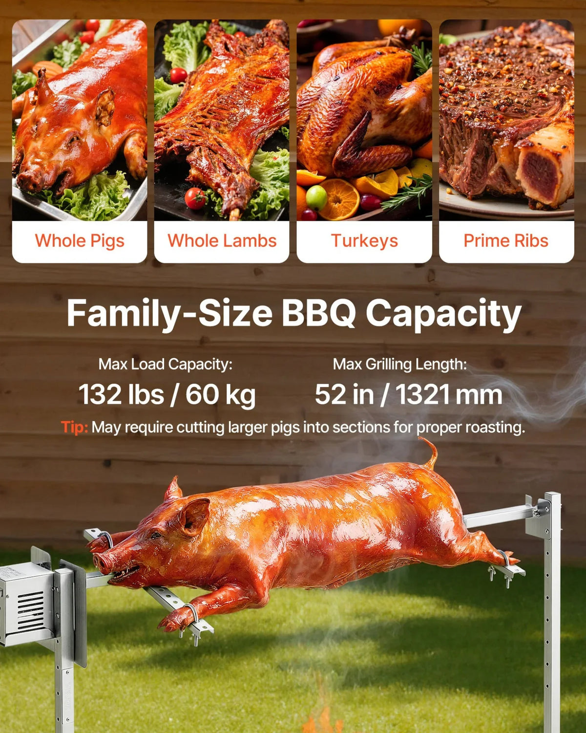 VEVOR Rotisserie Grill, AC120V 8 Level Height Electric Rotisserie Grill Kit, BBQ Grills Rotisseries Kit with 132 lbs Load Capacity, 38W Motor, Stainless Steel Automatic Grilling Kits for Parties - View 2