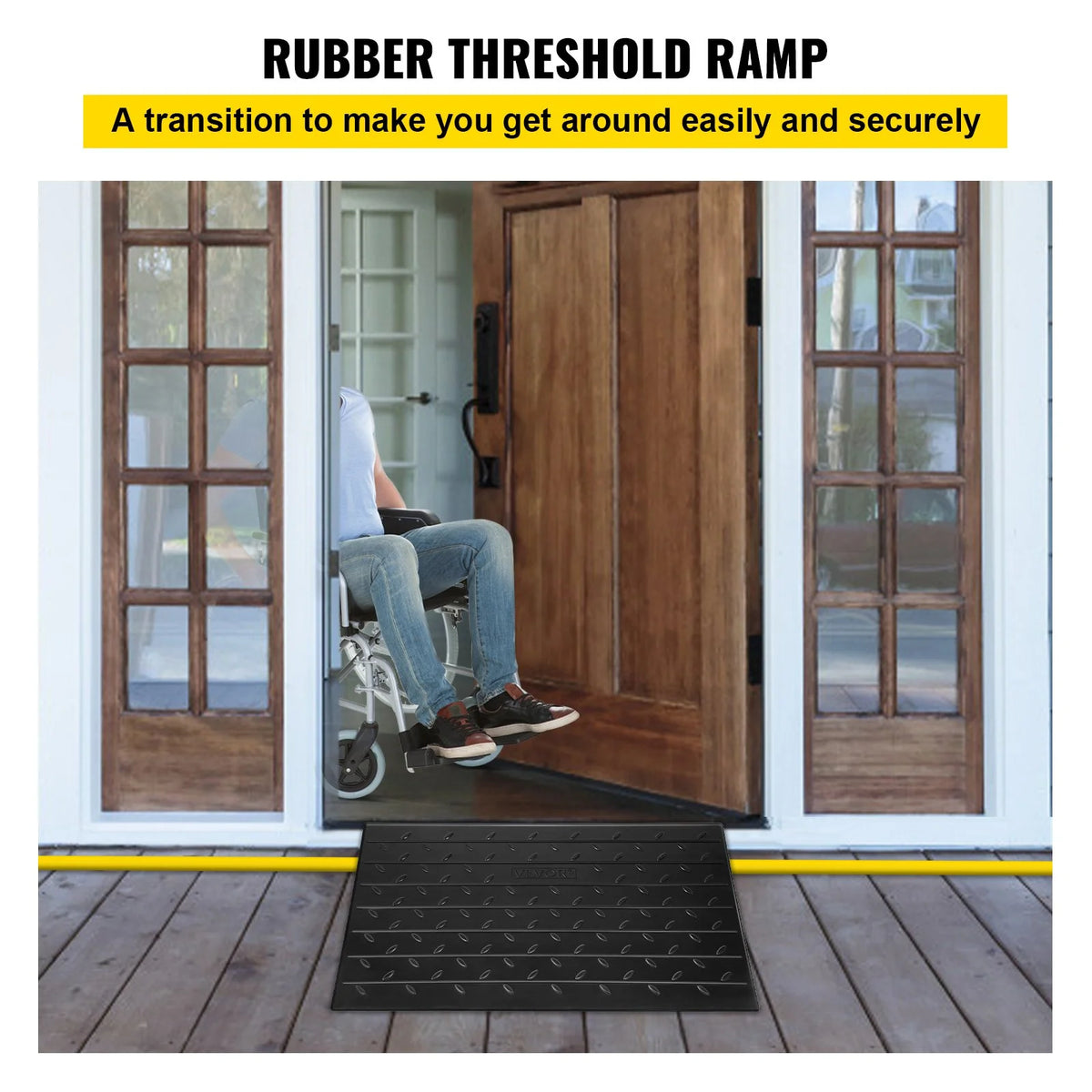 VEVOR Rubber Threshold Ramp, 2.6" Rise Threshold Ramp Doorway, 3 Channels Cord Cover Rubber Solid Threshold Ramp, Rubber Angled Entry Rated 2202 Lbs Load Capacity for Wheelchair and Scooter