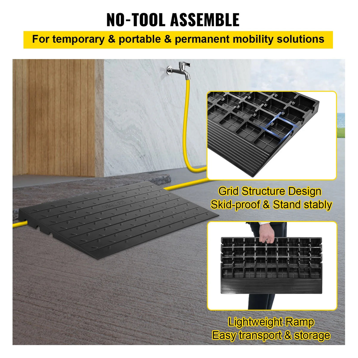 VEVOR Rubber Threshold Ramp, 2.6" Rise Threshold Ramp Doorway, 3 Channels Cord Cover Rubber Solid Threshold Ramp, Rubber Angled Entry Rated 2202 Lbs Load Capacity for Wheelchair and Scooter - View 5