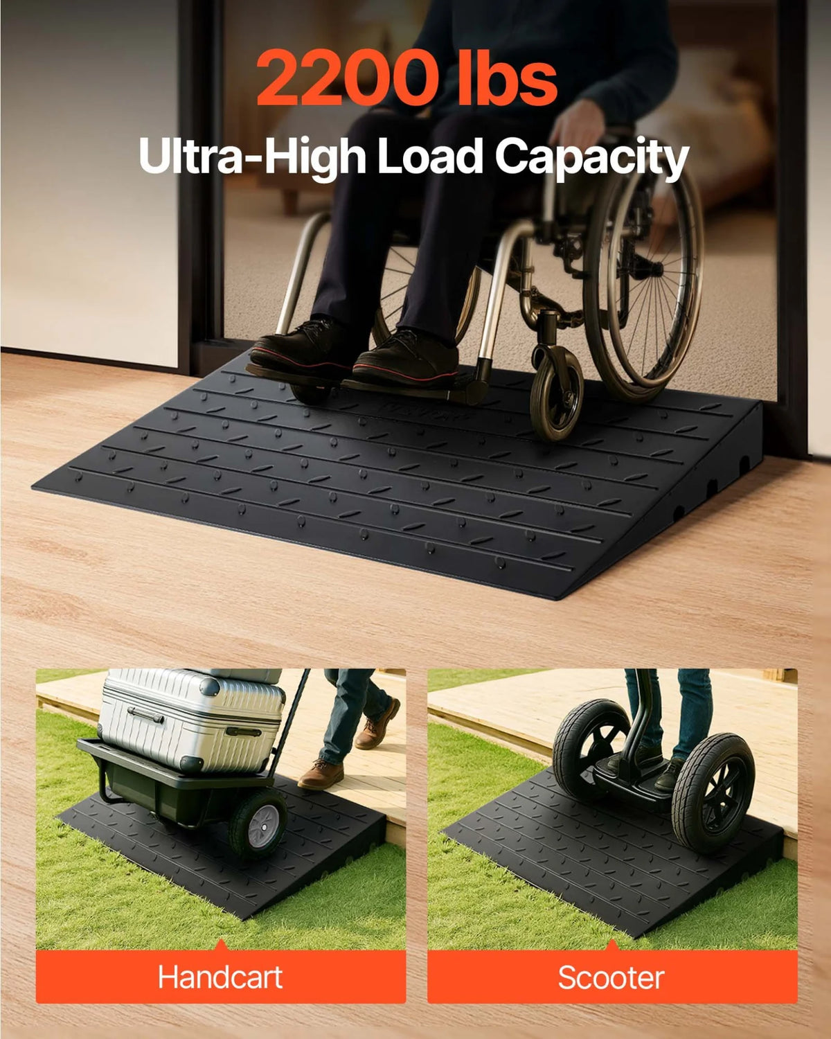 VEVOR Rubber Threshold Ramp, 4" Rise Threshold Ramp Doorway, 3 Channels Cord Cover Rubber Solid Threshold Ramp, Rubber Angled Entry Rated 2200 Lbs Load Capacity for Wheelchair and Scooter - View 11