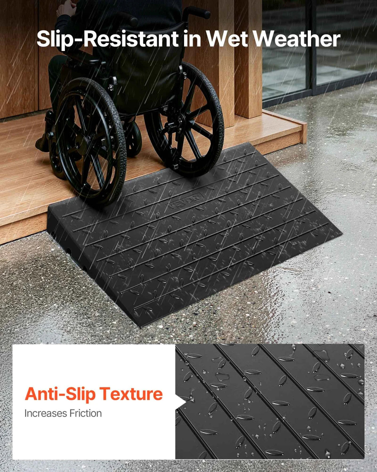 VEVOR Rubber Threshold Ramp, 4" Rise Threshold Ramp Doorway, 3 Channels Cord Cover Rubber Solid Threshold Ramp, Rubber Angled Entry Rated 2200 Lbs Load Capacity for Wheelchair and Scooter - View 13