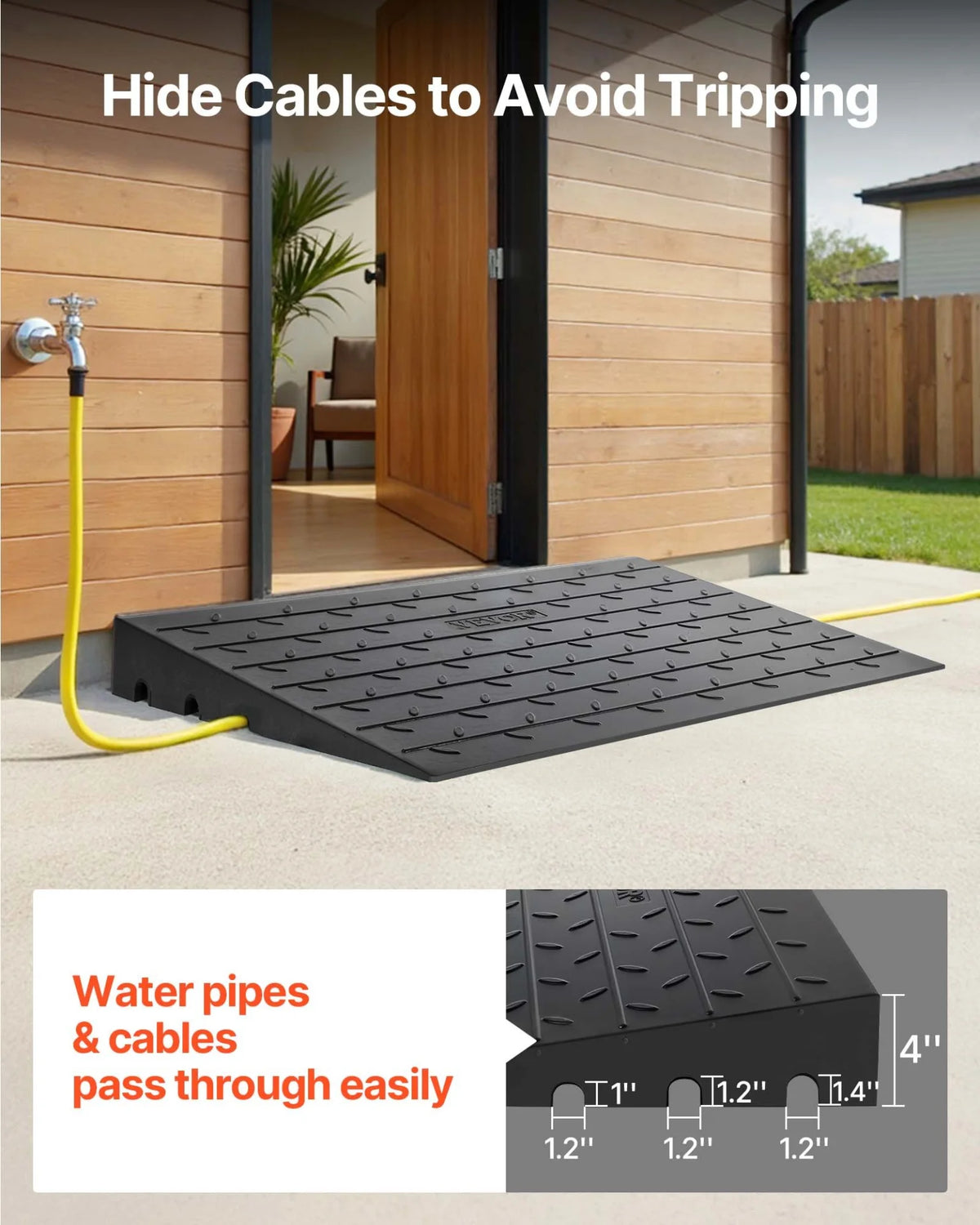 VEVOR Rubber Threshold Ramp, 4" Rise Threshold Ramp Doorway, 3 Channels Cord Cover Rubber Solid Threshold Ramp, Rubber Angled Entry Rated 2200 Lbs Load Capacity for Wheelchair and Scooter - View 14
