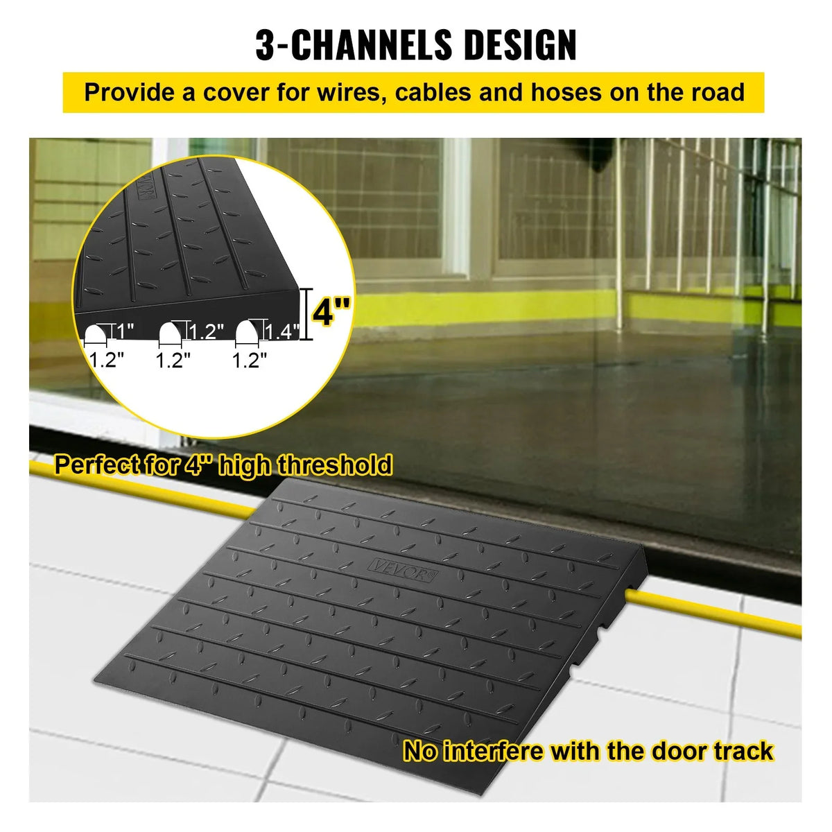 VEVOR Rubber Threshold Ramp, 4" Rise Threshold Ramp Doorway, 3 Channels Cord Cover Rubber Solid Threshold Ramp, Rubber Angled Entry Rated 2200 Lbs Load Capacity for Wheelchair and Scooter - View 4
