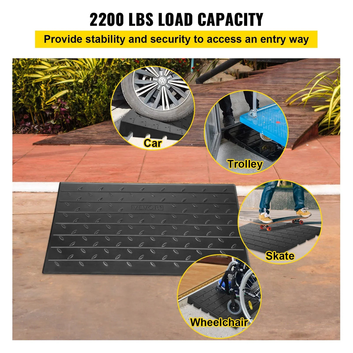 VEVOR Rubber Threshold Ramp, 4" Rise Threshold Ramp Doorway, 3 Channels Cord Cover Rubber Solid Threshold Ramp, Rubber Angled Entry Rated 2200 Lbs Load Capacity for Wheelchair and Scooter - View 6