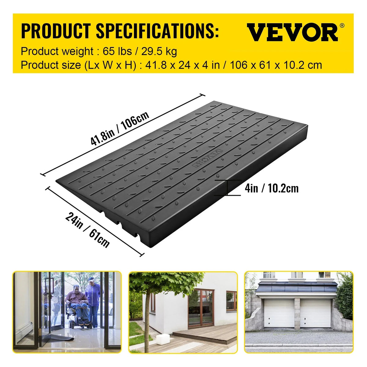 VEVOR Rubber Threshold Ramp, 4" Rise Threshold Ramp Doorway, 3 Channels Cord Cover Rubber Solid Threshold Ramp, Rubber Angled Entry Rated 2200 Lbs Load Capacity for Wheelchair and Scooter - View 8