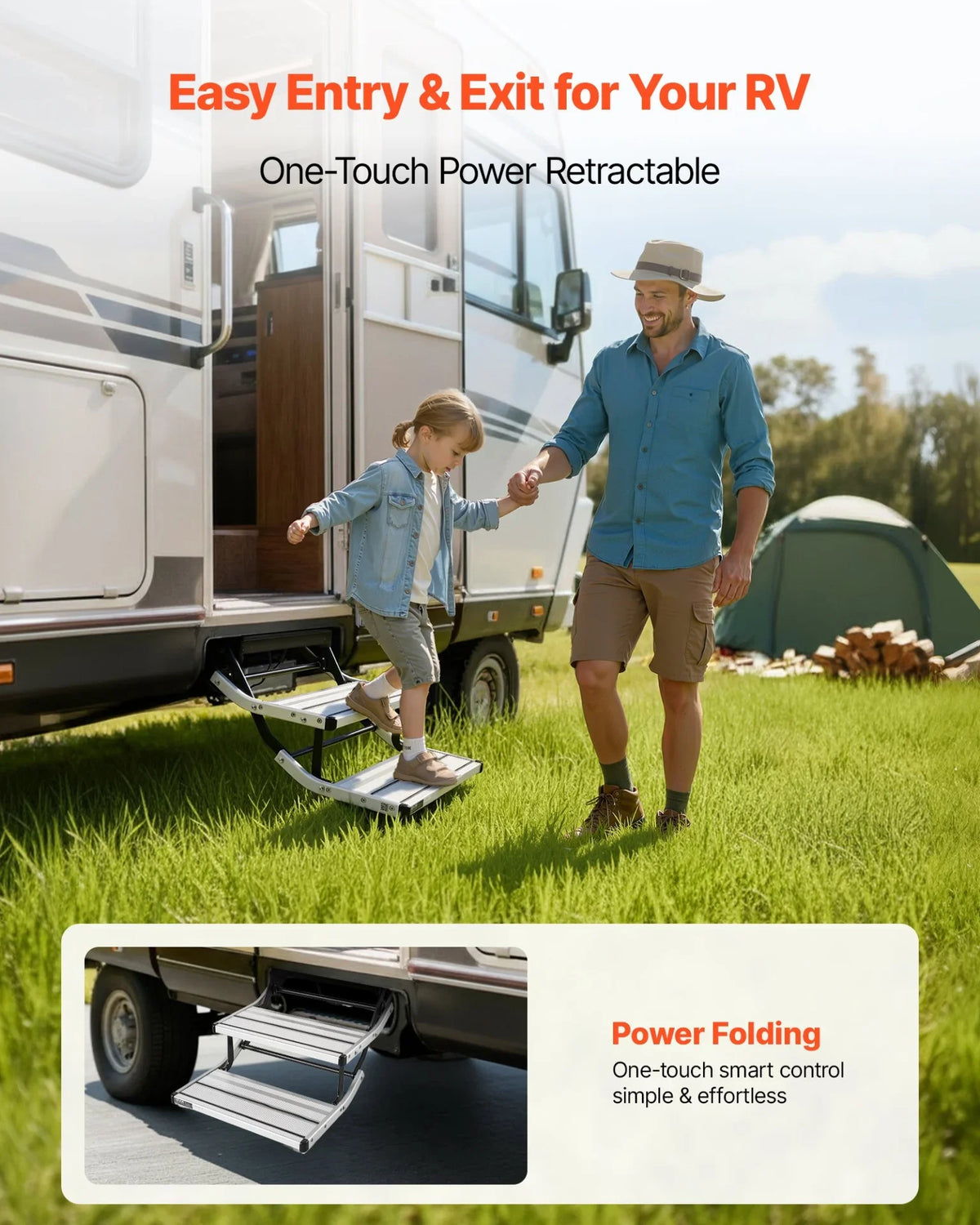 VEVOR RV Steps, 2-Step, 440 lbs Load Capacity, Electric Retractable RV Stairs, Telescopic Folding Aluminum Alloy Camper Steps, Steel Frame Non-Slip Entry Stair for Camper Van Motorhome Travel Trailer