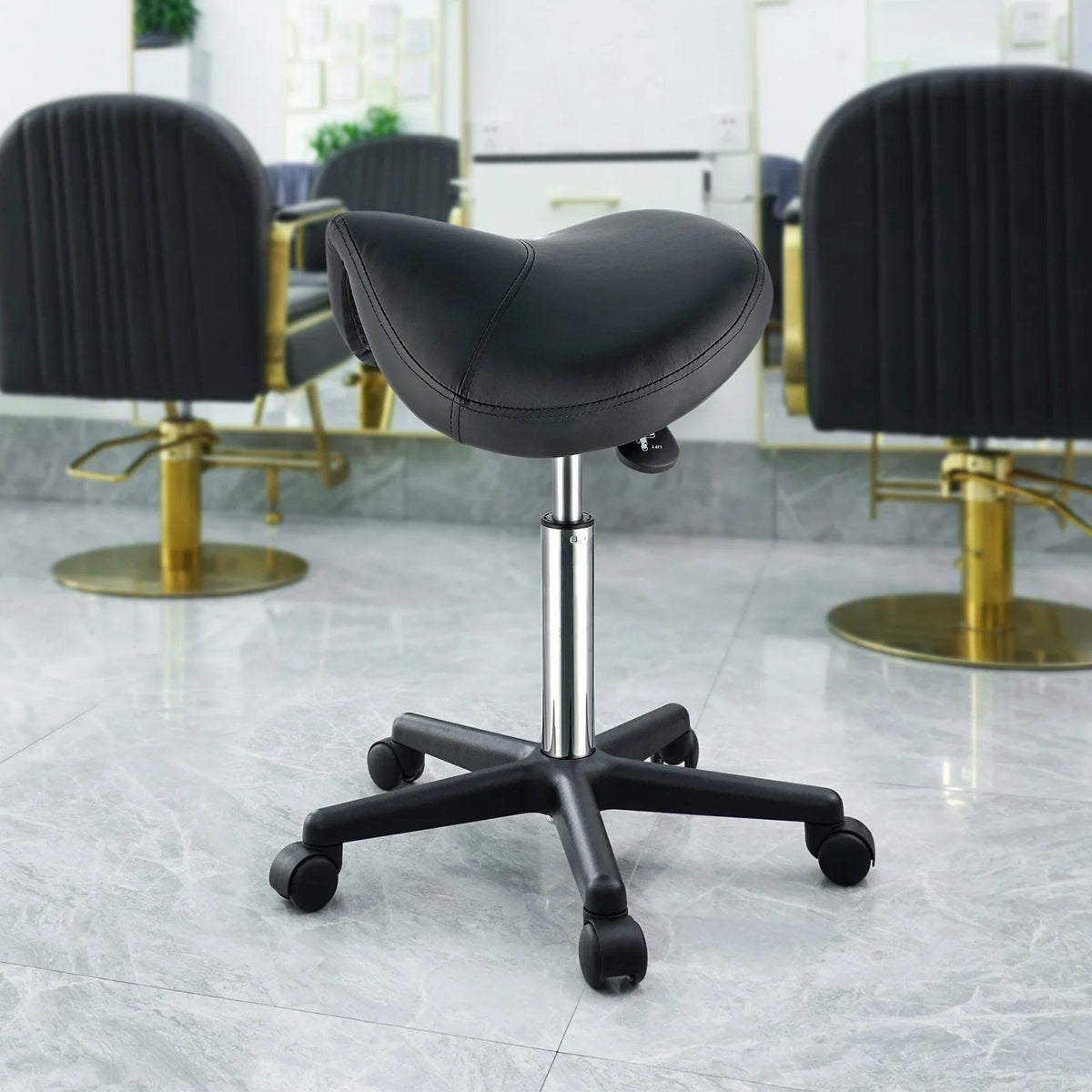 VEVOR Saddle Stool with Wheels, 400 LBS Weight Capacity, Height Adjustable Thickened PU Leather Swivel Saddle Stool Chair for Salon, Spa, Tattoo, Clinic, Black - View 7