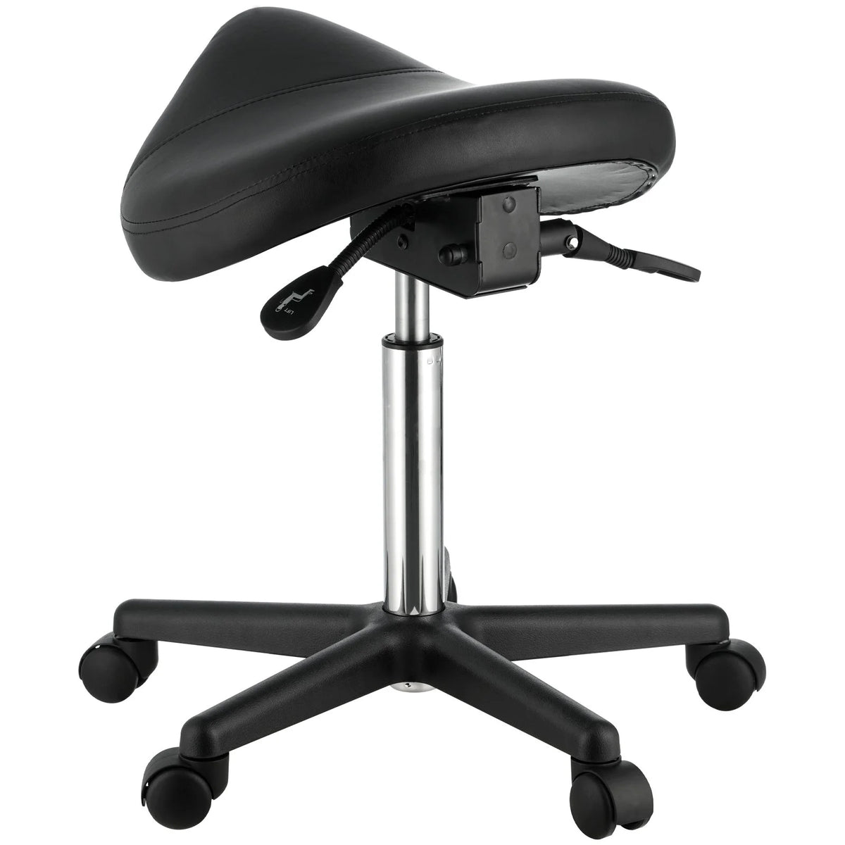 VEVOR Saddle Stool with Wheels, 400 LBS Weight Capacity, Height Adjustable Thickened PU Leather Swivel Saddle Stool Chair for Salon, Spa, Tattoo, Clinic, Black - View 9