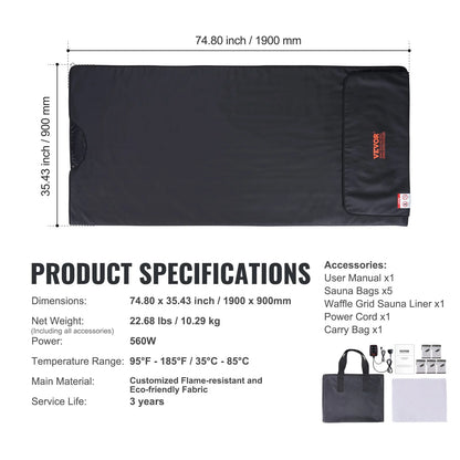 VEVOR Sauna Blanket for Detoxification, Portable Far Infrared Sauna for Home, PU Sauna Bag w/  Therapy Stones & Carbon Fiber Heating, 1-6 Level Adjustable Temp 95-185℉, 1-60 Minutes Timer, 75 x 35in - View 10