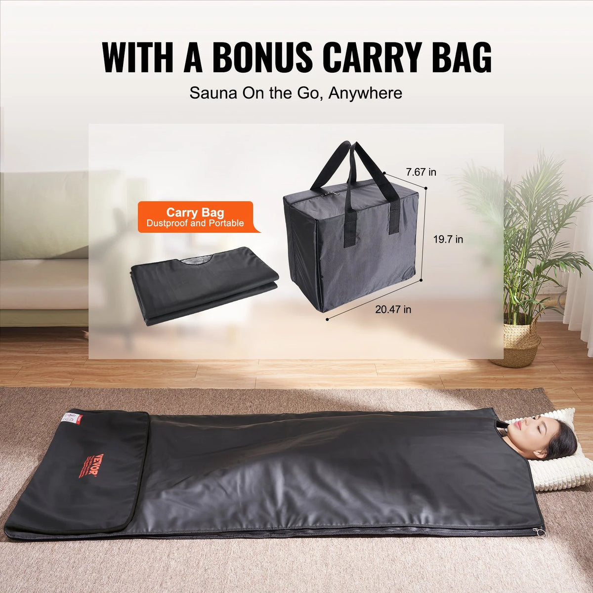 VEVOR Sauna Blanket for Detoxification, Portable Far Infrared Sauna for Home, PU Sauna Bag w/  Therapy Stones & Carbon Fiber Heating, 1-6 Level Adjustable Temp 95-185℉, 1-60 Minutes Timer, 75 x 35in - View 3