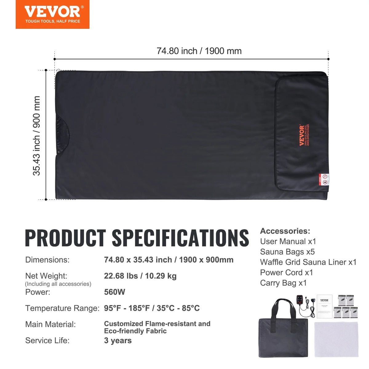 VEVOR Sauna Blanket for Detoxification, Portable Far Infrared Sauna for Home, PU Sauna Bag w/  Therapy Stones & Carbon Fiber Heating, 1-6 Level Adjustable Temp 95-185℉, 1-60 Minutes Timer, 75 x 35in - View 6